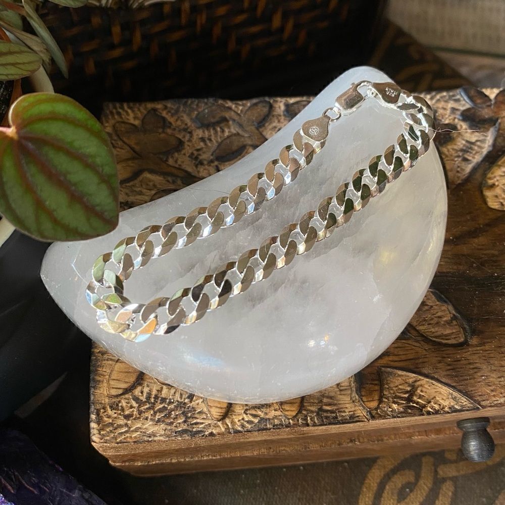 Sterling Silver Faceted Italian Pave Flat Curb Bracelet